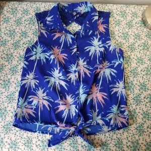 Tropical Sleeveless Collared Shirt Tie Front Sz S
